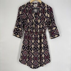 Holding Horses Dress Womens Small Blue Geometric Henley 3/4 Sleeve Boho Tribal